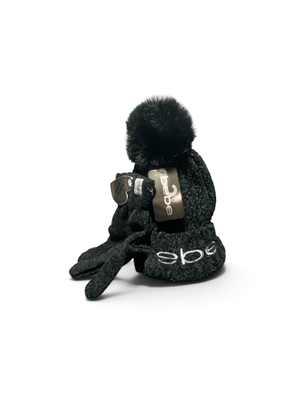 Bebe black knit hat glove beanie set NWT